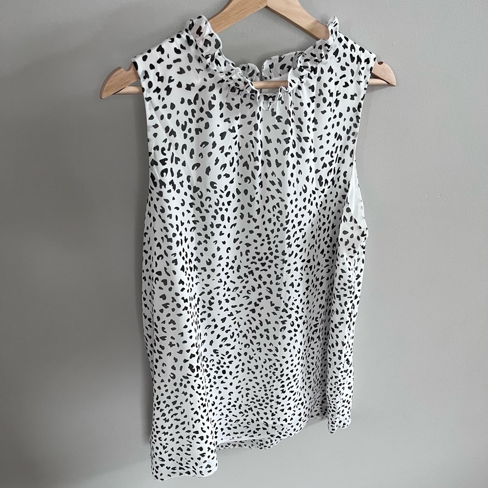 Women's White‎ Black Print Ruffle Neck Sleeveless Camisole Blouse XL